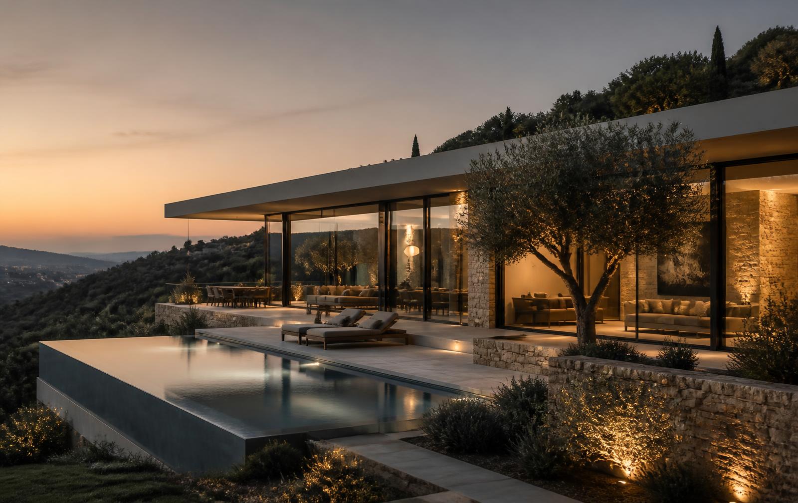 Luxury hillside estate at dusk with lit interiors and an infinity pool
